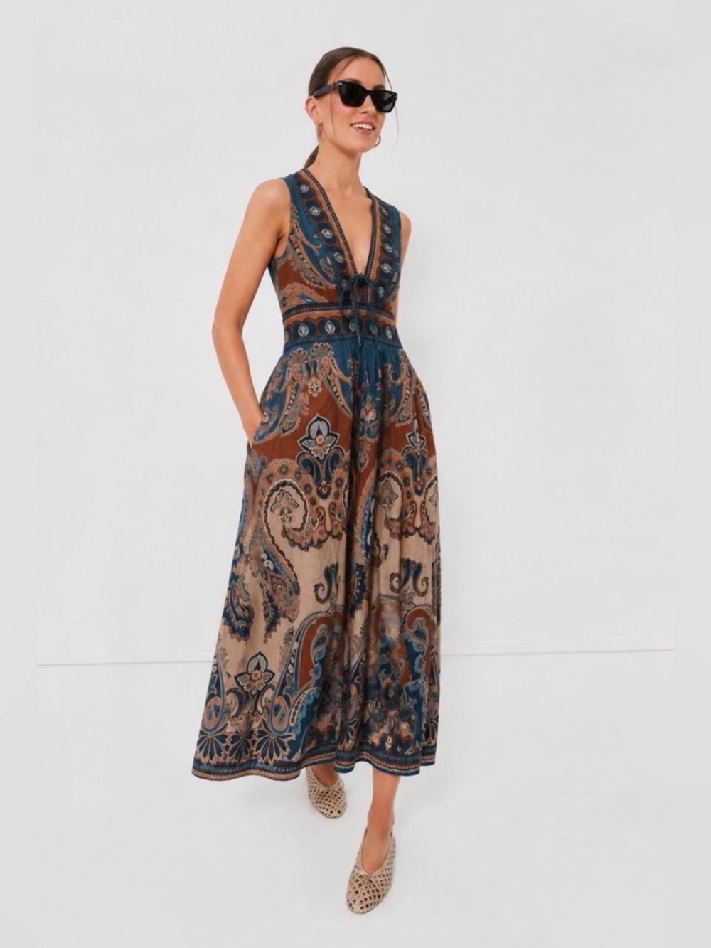 NWT TUCKERNUCK - CAROLINE CONSTAS Deep V-Neck Cotton Voile Maxi Dress